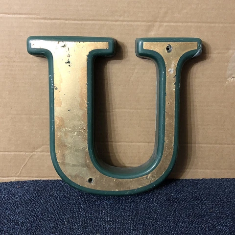 Reclaimed Shop Letter U,  9.5” x 10”, Plastic, Gold & Green Flaky Paint (C8) Cover