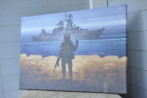  Painting canvas Ukraine 2022 Military message to Russian ship GO