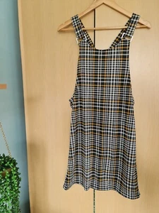 New Look BNWT size 8 black white orange plaid pinafore dress short a-line skirt - Picture 1 of 8