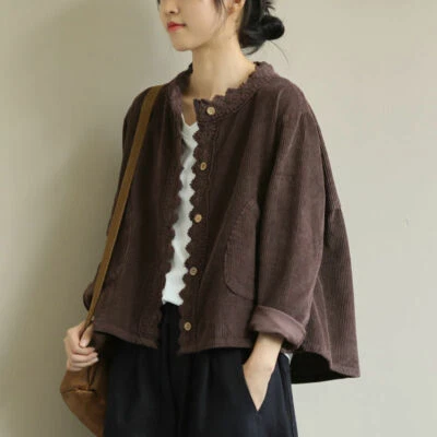 Mujeres Pana Blusa Camisa Abrigo Chaqueta Top Encaje Botón Suelto Informal Prendas exteriores Nuevo Foto 1 de 4