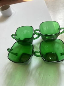 Three vintage dark forest green square coffee mug depression glass And Creamer - Picture 1 of 4