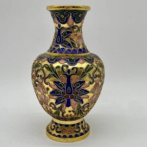 Chinese Vintage 6"H Mini Cloisonne Vase Bronze Brass Copper Enamel Blue flowers - Picture 1 of 13