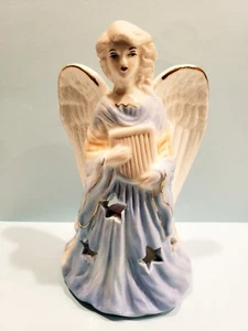 Angelo portacandele tea light arpa, abito blu, stelle, bordo oro 7" porcellana  - Foto 1 di 7