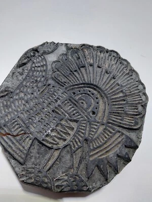 Bloque de impresión pavo real India antiguo grande indio tallado madera tela textil Foto 1 de 4