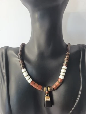 Vintage Southwestern Heishi Bead Necklace Multi Stone Shell Black Stone Pendant - Image 1 of 4