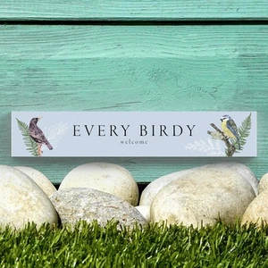 Every Birdy Welcome Birds In Garden on Blue Wooden Rectangle Memento Block - Picture 1 of 1