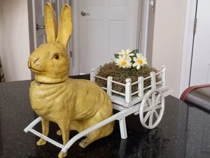 Yellow Paper Mache Easter Rabbit Candy Container & Cart Germany - Picture 1 of 14