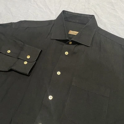 VTG Gitman Bros Gold Shirt Mens XL Black 100% Linen Boxy Button Up Preppy USA - Image 1 of 4