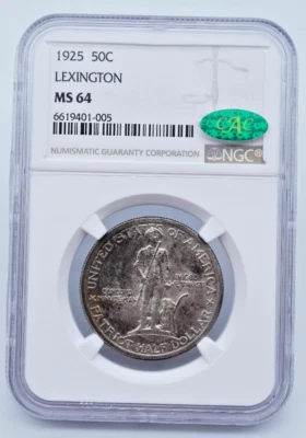 1925 Lexington Commemorative 50c Silver Half Dollar NGC & CAC MS 64 - U934 - Image 1 of 4