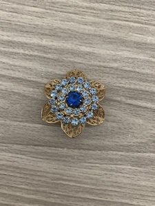 Vintage Cobalt Floral Pin Gold Tone Filigree, Blue Prong Set Rhinestone Brooch - Picture 1 of 4
