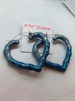 $35 Betsey Johnson LARGE Blue Glitter Ombre Boom Heart Bamboo Hoop Earrings Bb1f - Image 1 of 4