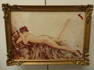 FRAMED COLOUR LITHOGRAPH NUDE 1920s DECO ERA LADY MAIDEN LYING ON FUR RUG - Picture 1 of 6