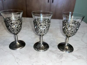 3 - Vintage Silver Footed Cordial Liquor Glasses Goblets 4" Tall Japan - Picture 1 of 9