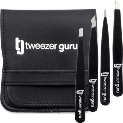 Tweezer Guru Eyebrow Tweezer (4-Piece) Professional Slant & Pointed Tweezer New