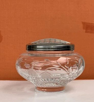 Vtg Stuart Crystal Cascade Fuchsia cut glass Rose Bowl Vase With Metal Frog lid - Image 1 of 4