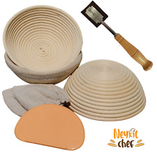 Set of 3 Banneton Proofing Baskets, 8.5" round with Bread Lame & Dough Scraper
