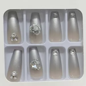 24pcs Silver Ombre French Press On Nails Jeweled Long Coffin Fake False Nails - Picture 1 of 4