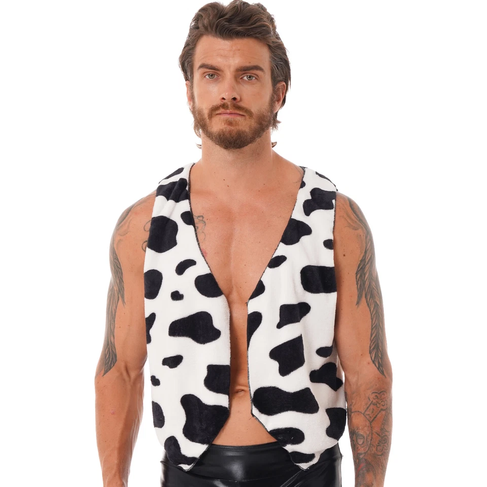 Mens Vest Coat Tops Flannel Cow Printed V Neck Sleeveless Waistcoat Costumes - Image 1 of 1