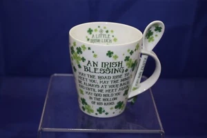 An Old Irish Blessing Green Print White Ceramic Mug and Spoon Green Shamrocks - Picture 1 of 8