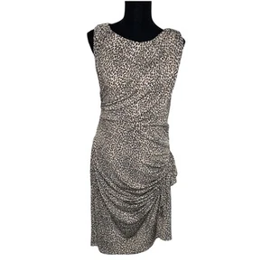 Betsey Johnson Dress Size 10 Beige Black Animal Print Sheath Knee Length Ruched - Picture 1 of 10
