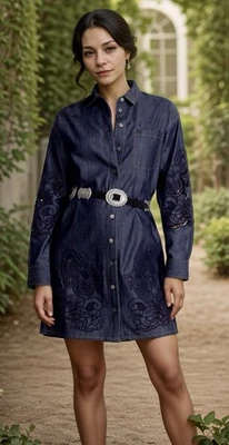 Johnny Was L Denim Blue Mini Shirt Dress Dark Wash Button Up Eyelet Lace NWT NEW - Image 1 of 4