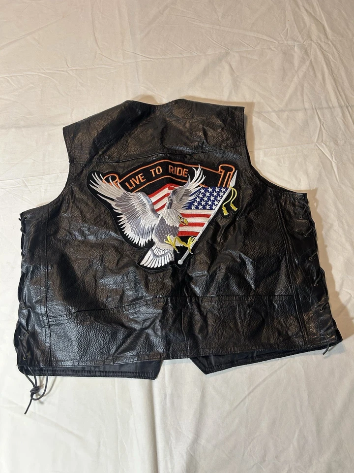Diamond Plate Buffalo Leather Motorcycle Vest Black Live to Ride Eagle 2XL - Изображение 1 из 4