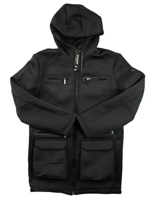 Stone Falcon Mens Jacket Coat L Full Zip Faux Fur Lined Hooded Mid-Length Black - Image 1 of 4
