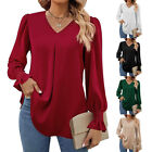 Womens V Neck Plain T Shirt Blouse Ladies Long Sleeve Casual Loose Pullover Tops