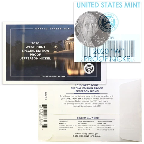 2020 W Jefferson Nickel Gem Deep Cameo Proof Coin Original Government Packaging Cover