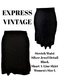 EXPRESS Stretch Rhinestone Embellished Black Fit & Flare Mini Skirt Women L VTG - Picture 1 of 12