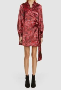 $540 Ganni Women's Red Long Sleeve Silk Stretch Satin Wrap Dress Size 36 - Picture 1 of 3