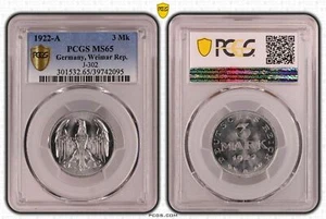 Weimar 3 Mark Aluminium 1922 A Brilliant Uncirculated PCGS MS65 51644 - Picture 1 of 1