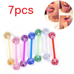 7X/lot Glitter Steel Bar Tongue Rings Body Piercing Jewelry Tounge Bars Gift_hg - Picture 1 of 4