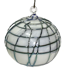 Hand Blown White Blue Silver Metallic Glass Ornament Orb Checkered Swirl Design - Picture 1 of 5