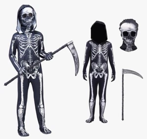 Kid Halloween Scream Grim Reaper Costume Black Cloak, Hood, Skeleton Sz 10/12 - Picture 1 of 4