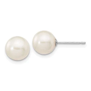 10k White Gold 7-8mm White Round Freshwater Cultured Pearl Stud Post Earrings - Picture 1 of 4