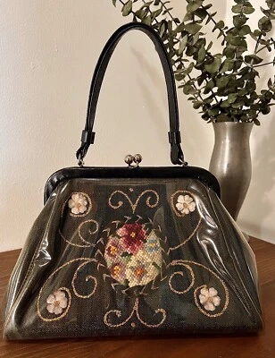 Bolso de Mano Claire Fashions Floral a Punta de Aguja Años 50, Cartera Negra Años 50, Cartera Damas Foto 1 de 4