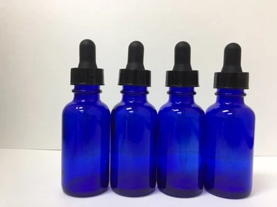GLOBAL 4 - 1oz Cobalt Blue Glass Bottles with Glass Eye Dropper Pack of 4 New 30 ML