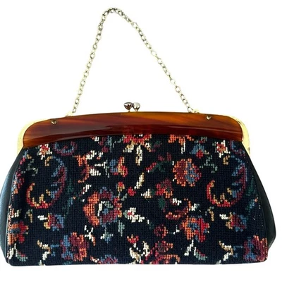 Bolsa de tapeçaria vintage Needlepoint embreagem Rockabilly corrente dourada em excelente estado usado preta floral - Imagem 1 de 4