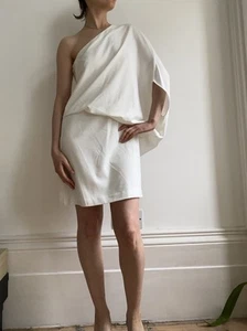 Halston Kai Noe One Sleeve Cape White Chalk Evening Mini Dress US2 UK6 XS - Picture 1 of 11