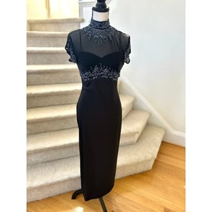 Vintage 90s Y2K Black Illusion Beaded Short Sleeve Mock Neck Column Gown - Picture 1 of 9