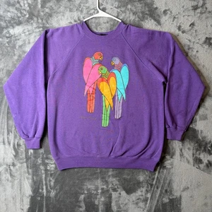 Vintage 1980er Laurel Burch lila Pullover Größe Large Rundhalsausschnitt Kakadus Grafik - Bild 1 von 7