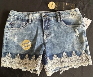 NEW Girl Size 16 VIGOSS Chelsea Shorts Distressed Blue Jean Stretch Denim Lace - Picture 1 of 10