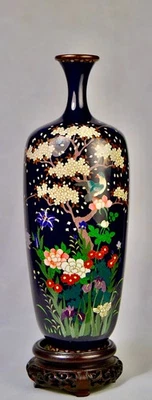 FINE ANTIQUE SILVER WIRE JAPANESE CLOISONNE VASE * PIGEON IN A TREE - Image 1 of 4