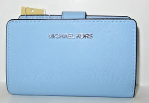 Michael Kors Jet Set Travel Medium Leather Bifold Zip Coin Wallet Light Sky NWT - Picture 1 of 9