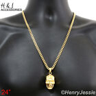24"MEN Stainless Steel 5mm Gold Plated Cuban Curb Chain Skull Head Pendant*GP84
