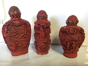 Rare LOT 3 Antique Carved CHINESE CINNABAR SNUFF BOTTLES Signed RED Lacquer ExCd - Picture 1 of 10
