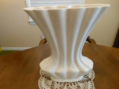 VTG Large Cream White Speckled Brush McCoy Pottery Fan Vase 12 X 11  in  #727 - Image 1 of 4