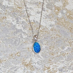 Lucky Blue Opal Oval Solid 925 Sterling Silver Pendant Necklace Mothers Day Gift - Picture 1 of 1