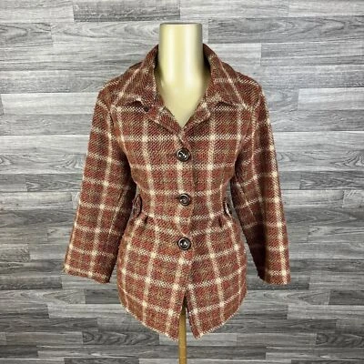 MAURICES Button Down Long Sleeve Wool Brown Plaid Pea Coat Women's Size Medium - Image 1 of 4